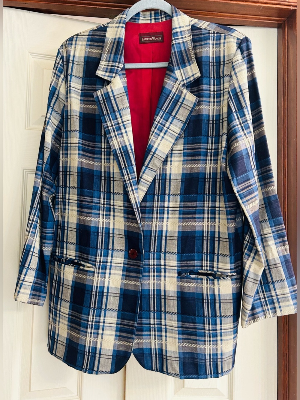Lauren Woods Vintage Blue and Gray Plaid Single-Button Blazer